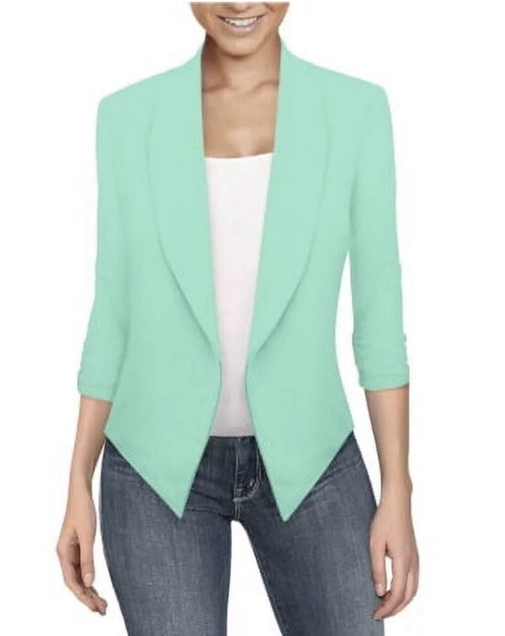 Hybrid & Company Blazer Womens Small Mint Open Front Scrunch Sleeve Jacket NWT